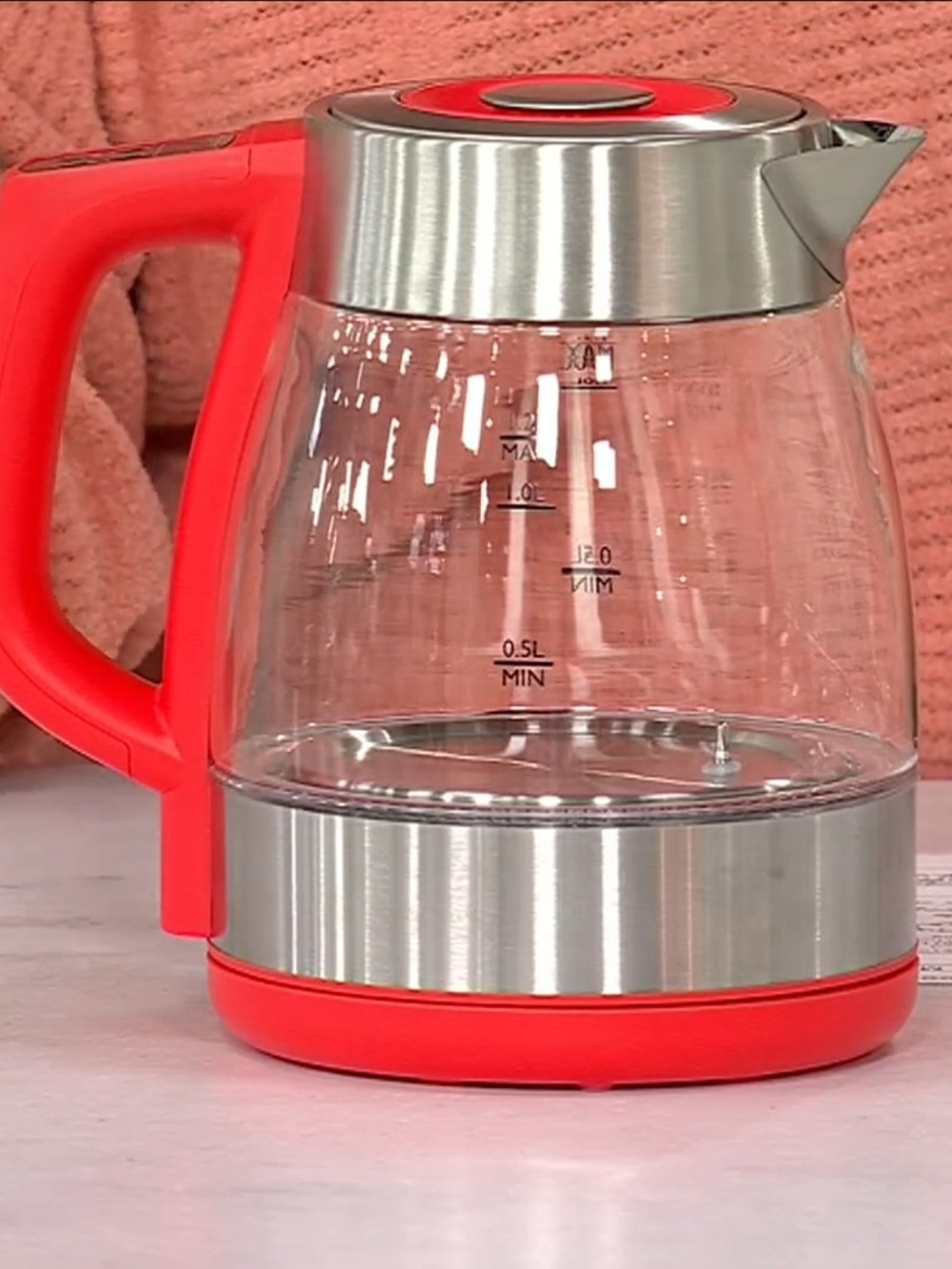 Clear Glass Electric Kettle with Coral Red Handle and Stainless Trim